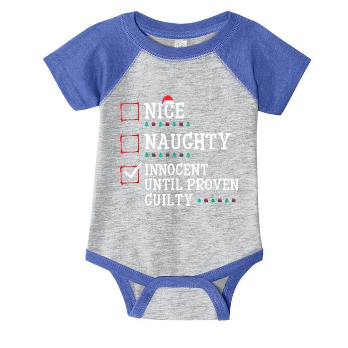 Christmas List Nice Naughty Innocent Until Proven Guilty Gift Infant Baby Jersey Bodysuit