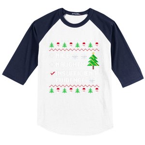 Christmas List Nice Naughty Insufficient Evidence Funny Cute Gift Baseball Sleeve Shirt