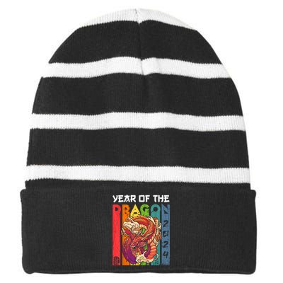 Chinese Lunar New Year 2024 Year Of The Dragon Zodiac Sign Striped Beanie with Solid Band