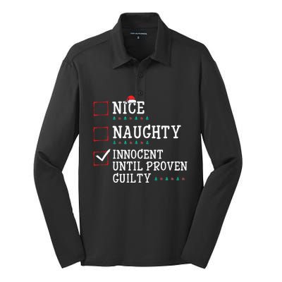 Christmas List Nice Naughty Innocent Until Proven Guilty Silk Touch Performance Long Sleeve Polo