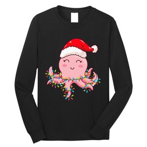 Christmas Lights Octopus Wearing Xmas Hat Cute Octopus Lover Long Sleeve Shirt