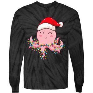 Christmas Lights Octopus Wearing Xmas Hat Cute Octopus Lover Tie-Dye Long Sleeve Shirt