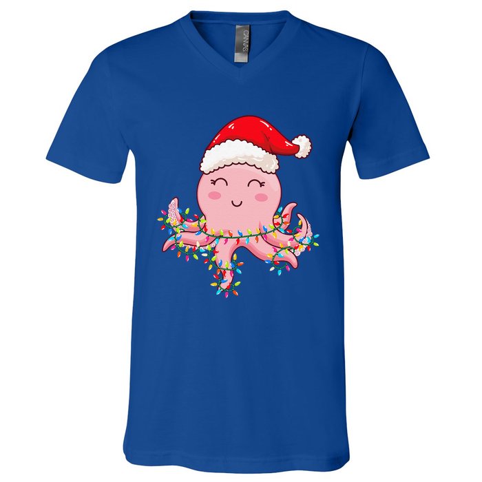 Christmas Lights Octopus Wearing Xmas Hat Cute Octopus Lover V-Neck T-Shirt