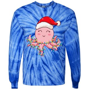 Christmas Lights Octopus Wearing Xmas Hat Cute Octopus Lover Tie-Dye Long Sleeve Shirt