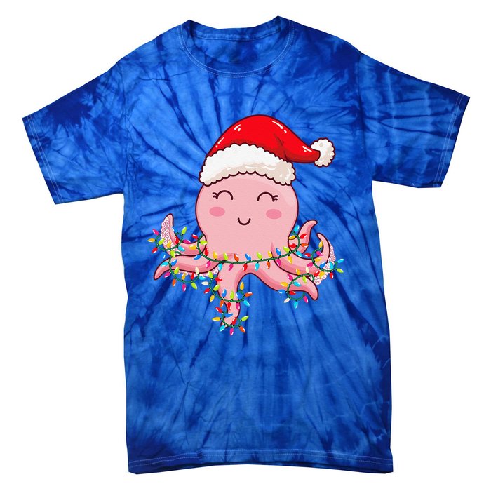 Christmas Lights Octopus Wearing Xmas Hat Cute Octopus Lover Tie-Dye T-Shirt