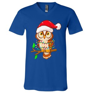 Christmas Lights Owl Wearing Xmas Hat Cute Owl Lover V-Neck T-Shirt