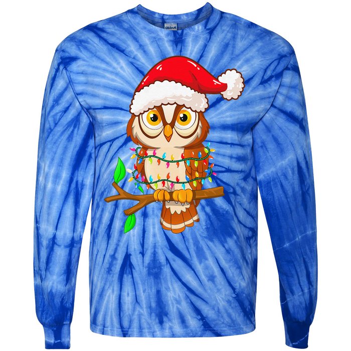 Christmas Lights Owl Wearing Xmas Hat Cute Owl Lover Tie-Dye Long Sleeve Shirt