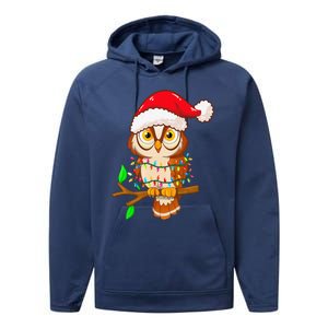 Christmas Lights Owl Wearing Xmas Hat Cute Owl Lover Performance Fleece Hoodie