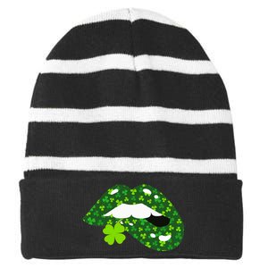 Clover Lips St.Patrick's Day Striped Beanie with Solid Band