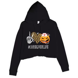 Caregiver Life Peace Love Skeleton Fall Pumpkin Leopard Halloween Crop Fleece Hoodie