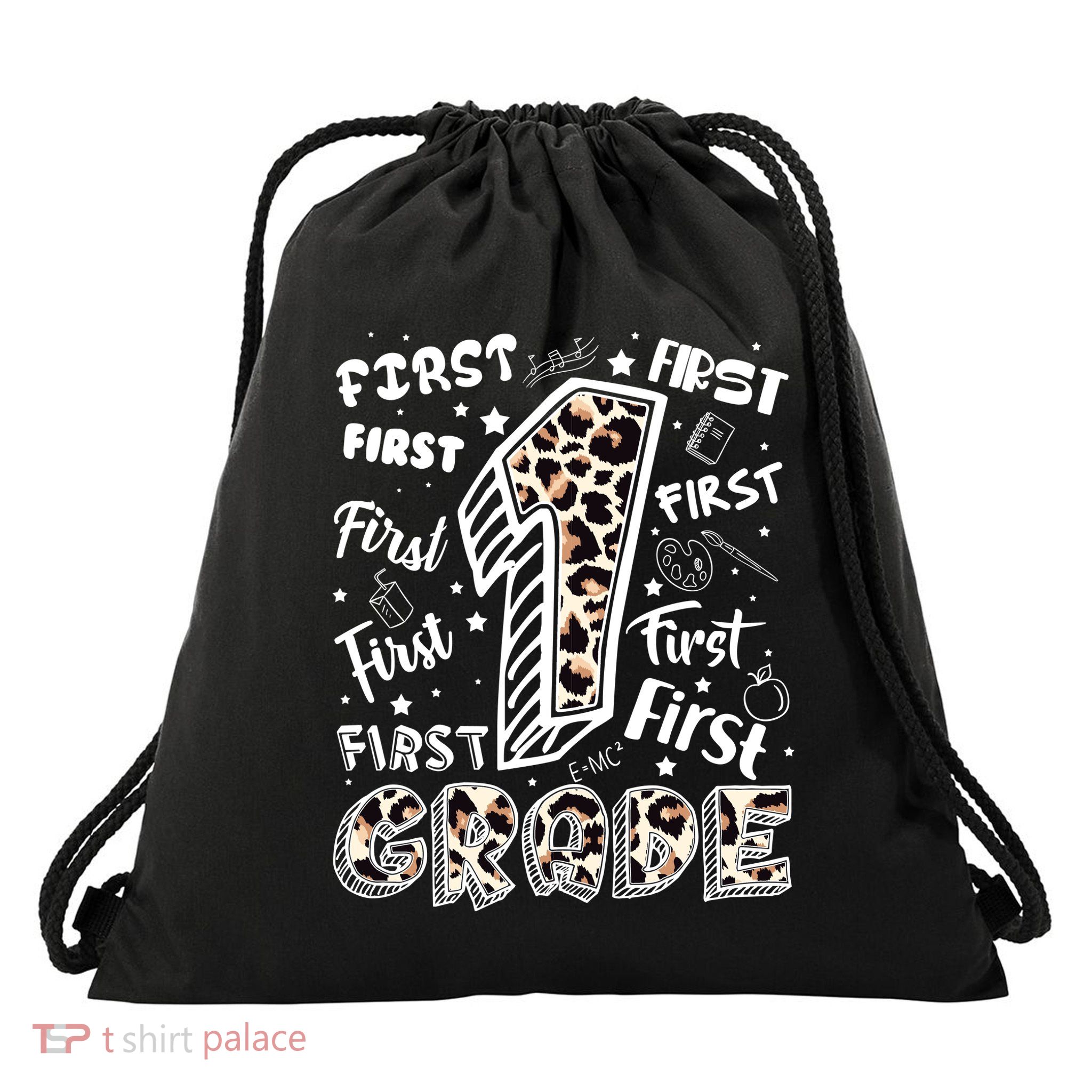 Cute Leopard Print First Grade Typography Word Art Drawstring Bag