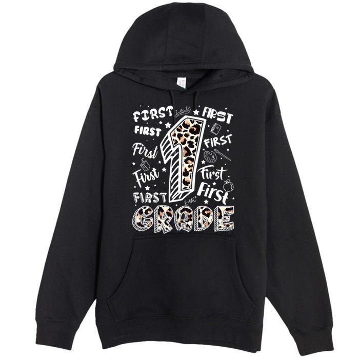 Cute Leopard Print First Grade Typography Word Art Premium Pullover Hoodie