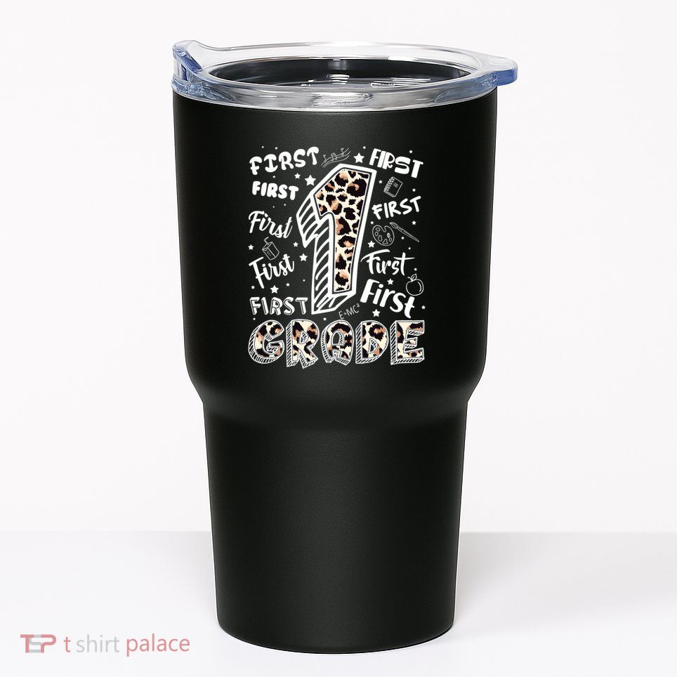 Cute Leopard Print First Grade Typography Word Art Tumbler