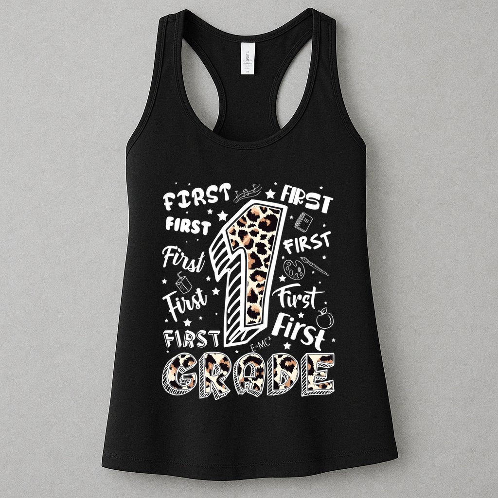 Cute Leopard Print First Grade Typography Word Art Womens Tank Top