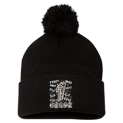 Cute Leopard Print First Grade Typography Word Art Pom Pom 12in Knit Beanie