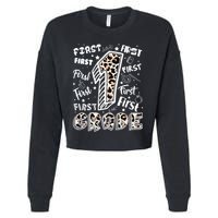 Cute Leopard Print First Grade Typography Word Art Cropped Pullover Crew