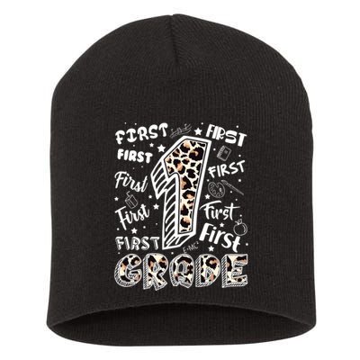 Cute Leopard Print First Grade Typography Word Art Short Acrylic Beanie