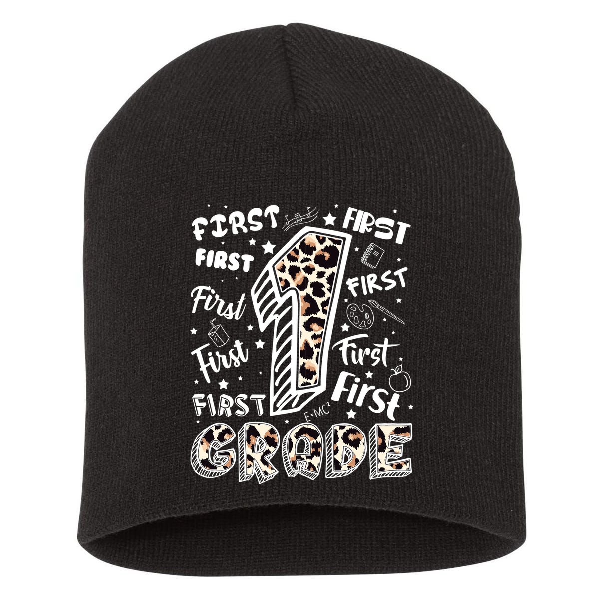 Cute Leopard Print First Grade Typography Word Art Short Acrylic Beanie