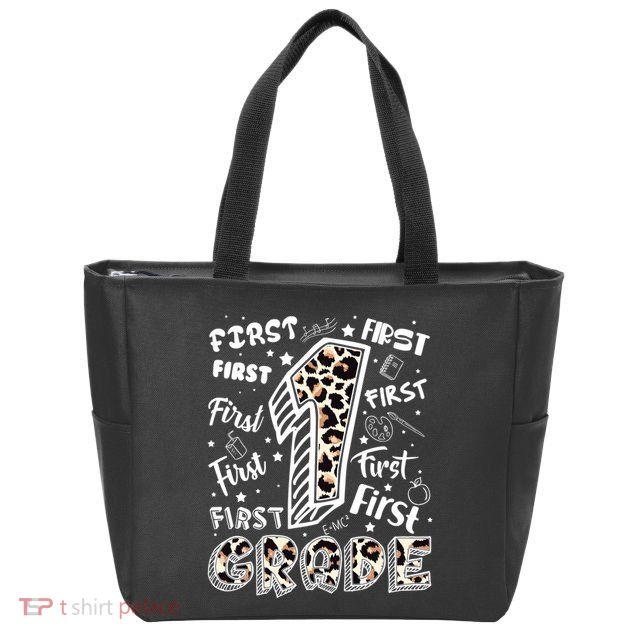 Cute Leopard Print First Grade Typography Word Art Zip Tote Bag