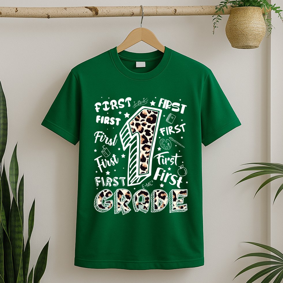 Cute Leopard Print First Grade Typography Word Art T-Shirt