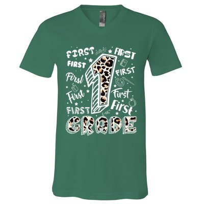Cute Leopard Print First Grade Typography Word Art V-Neck T-Shirt