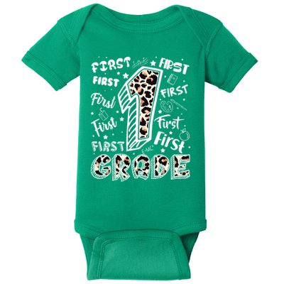 Cute Leopard Print First Grade Typography Word Art Baby Bodysuit
