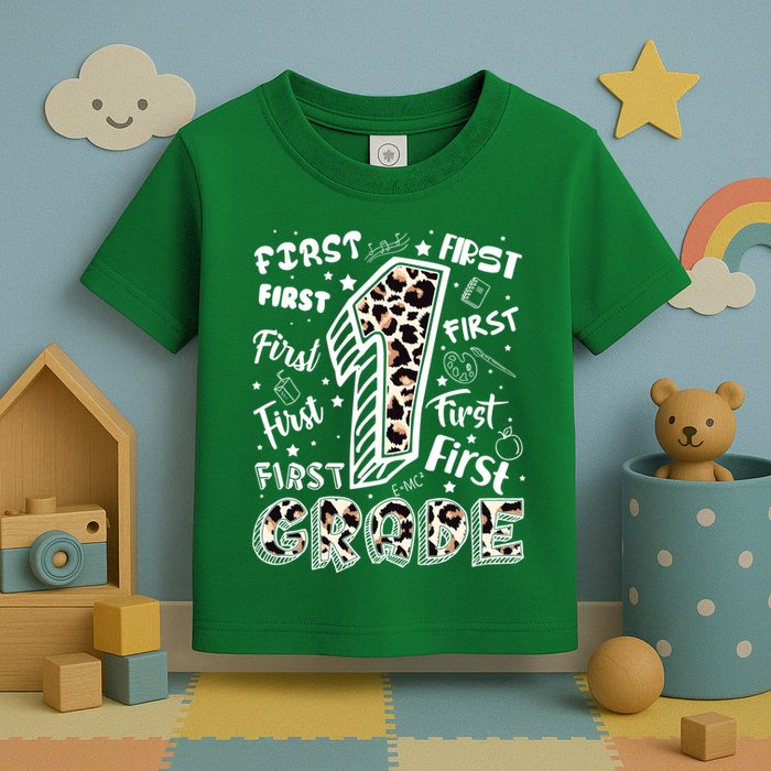 Cute Leopard Print First Grade Typography Word Art Toddler T-Shirt