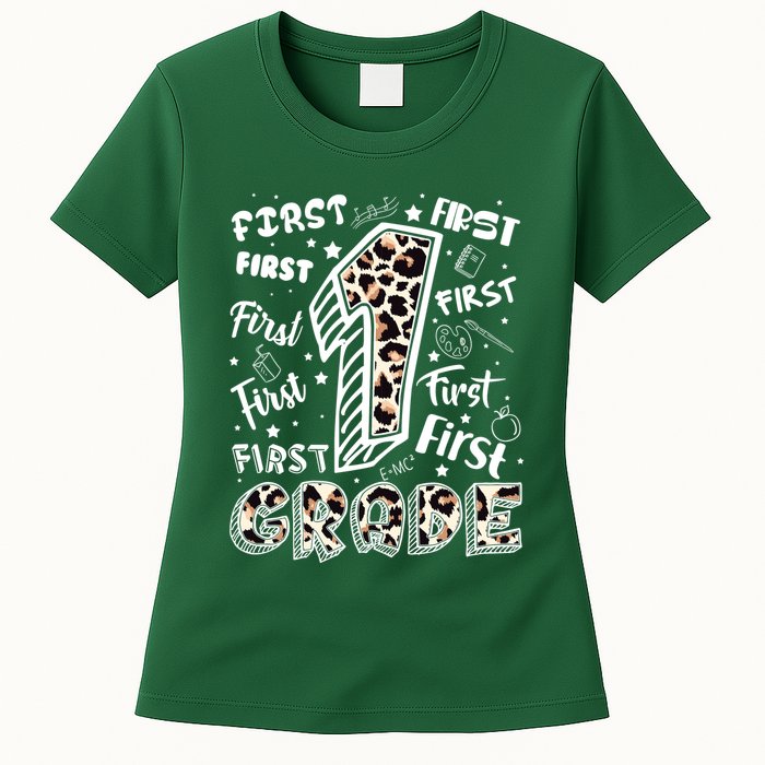 Cute Leopard Print First Grade Typography Word Art Womens T-Shirt