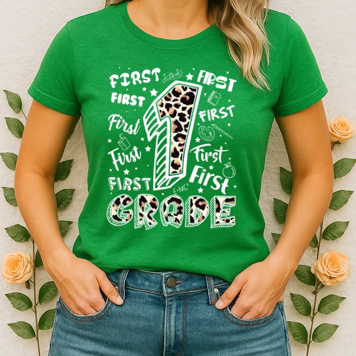 Cute Leopard Print First Grade Typography Word Art Womens T-Shirt