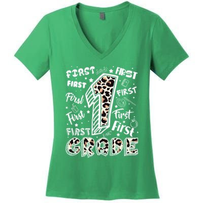 Cute Leopard Print First Grade Typography Word Art Women's V-Neck T-Shirt