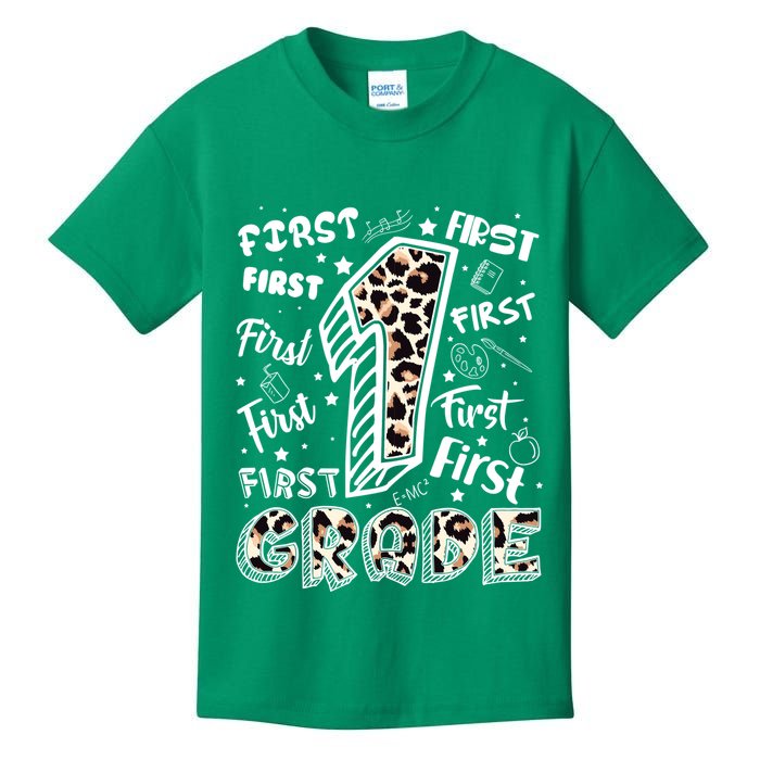 Cute Leopard Print First Grade Typography Word Art Kids T-Shirt