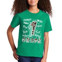 Cute Leopard Print First Grade Typography Word Art Kids T-Shirt