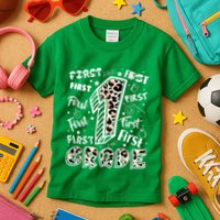 Cute Leopard Print First Grade Typography Word Art Kids T-Shirt