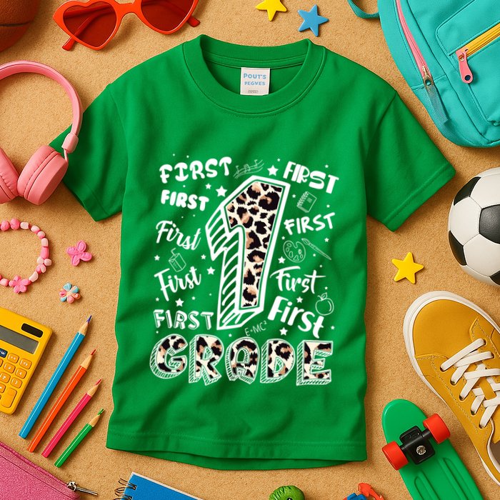 Cute Leopard Print First Grade Typography Word Art Kids T-Shirt