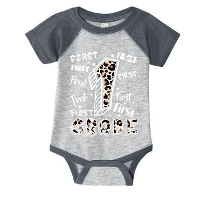 Cute Leopard Print First Grade Typography Word Art Infant Baby Jersey Bodysuit