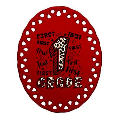 Cute Leopard Print First Grade Typography Word Art Ceramic Oval Ornament