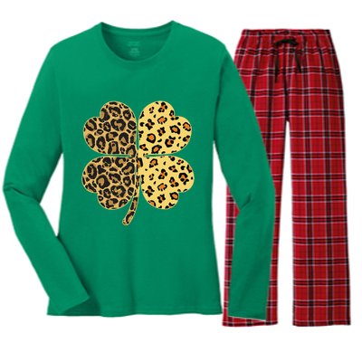 Cheetah Leopard Print Shamrock St Patricks Day Lucky Irish Women's Long Sleeve Flannel Pajama Set 