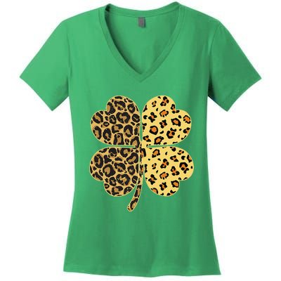 Cheetah Leopard Print Shamrock St Patricks Day Lucky Irish Women's V-Neck T-Shirt