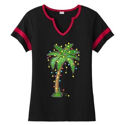 Christmas Lights Palm Tree Beach Funny Tropical Xmas Gift Ladies Halftime Notch Neck Tee