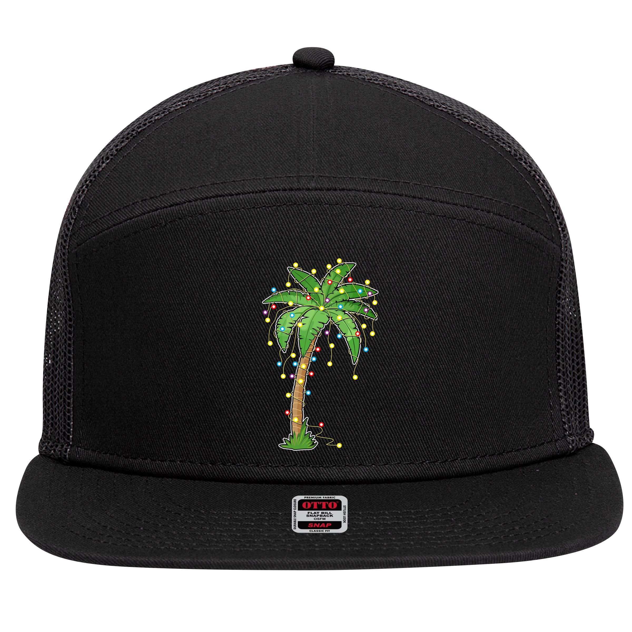 Christmas Lights Palm Tree Beach Funny Tropical Xmas Gift 7 Panel Mesh Trucker Snapback Hat