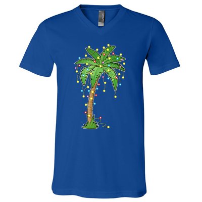 Christmas Lights Palm Tree Beach Funny Tropical Xmas Gift V-Neck T-Shirt