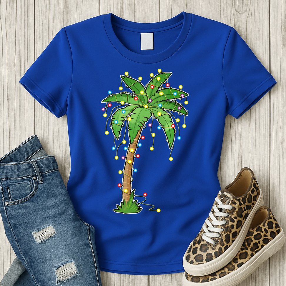Christmas Lights Palm Tree Beach Funny Tropical Xmas Gift Womens T-Shirt