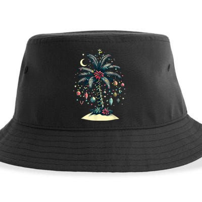 Christmas Lights Palm Tree Beach Funny Tropical Xmas Sustainable Bucket Hat