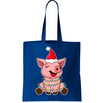 Christmas Lights Pig Wearing Xmas Hat Funny Pig Lover Gift Tote Bag