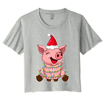 Christmas Lights Pig Wearing Xmas Hat Funny Pig Lover Gift Women's Crop Top Tee