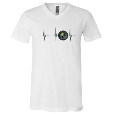 Camera Lens Photography Photographer Heartbeat EKG Pulse V-Neck T-Shirt