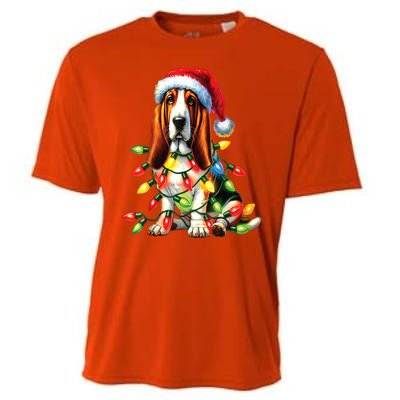 Christmas Lights Pet Animal Basset Hound Dog Lover Santa Hat Gift Cooling Performance Crew T-Shirt