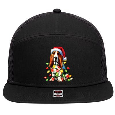 Christmas Lights Pet Animal Basset Hound Dog Lover Santa Hat Gift 7 Panel Mesh Trucker Snapback Hat