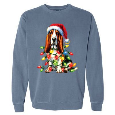 Christmas Lights Pet Animal Basset Hound Dog Lover Santa Hat Gift Garment-Dyed Sweatshirt