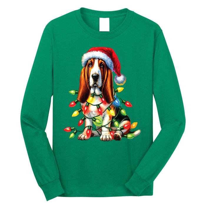 Christmas Lights Pet Animal Basset Hound Dog Lover Santa Hat Gift Long Sleeve Shirt